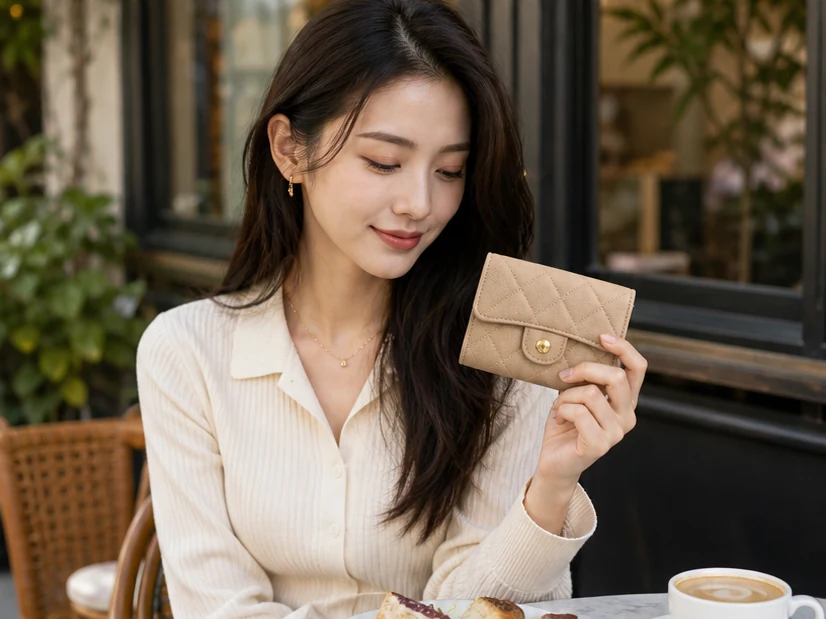 女性在日常場景中展示皮具